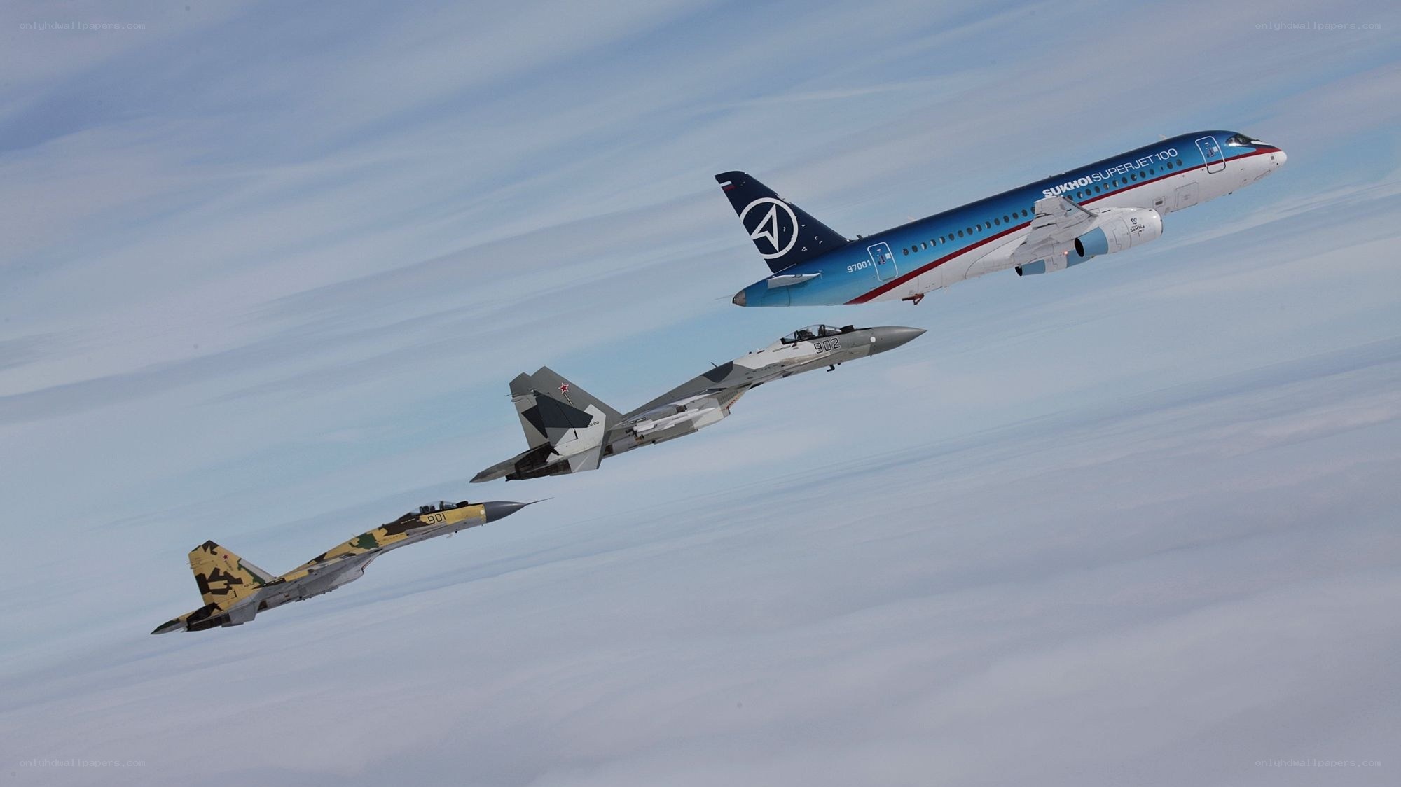 Sukhoi Superjet escorted by fighters
