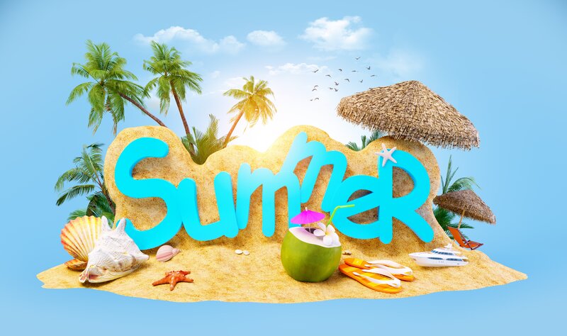 Summer Text on Sand — Blue, Tropical