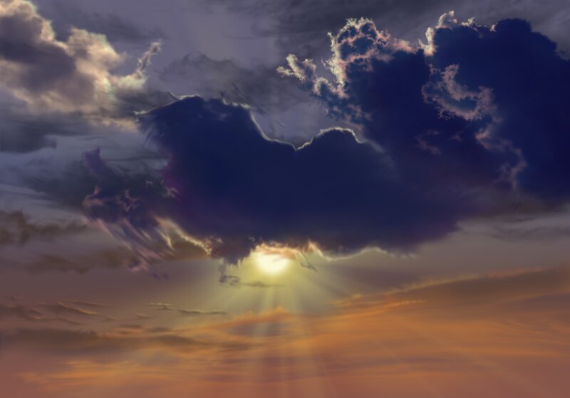 Sun Behind Clouds — Orange, Dramatic, Sunset, Digital Art