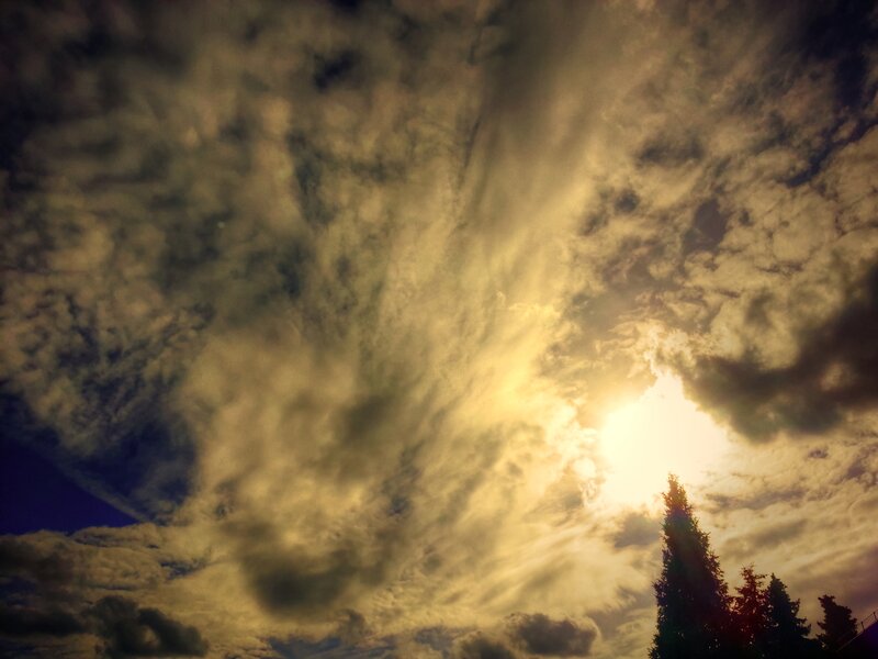 Sun Behind Clouds — Yellow, Dramatic, Sunset, Photograph, Trees