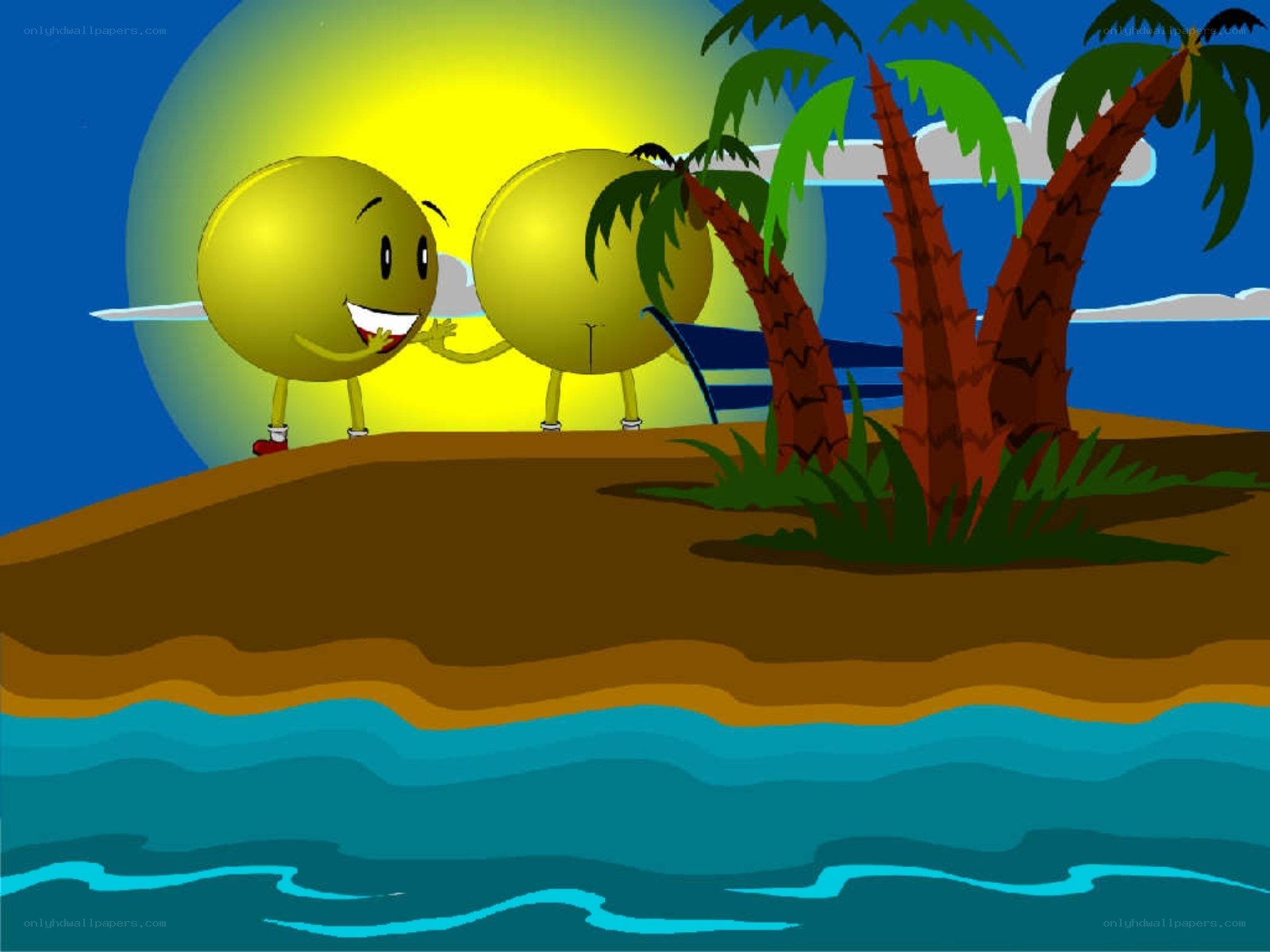 Sun characters on a tropical island