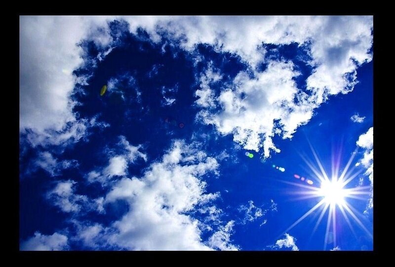 Sun in Blue Sky — Bright, Afternoon, Photograph, Clouds, Lens Flare, White
