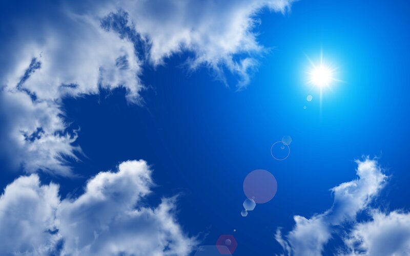 Sun in Blue Sky — Bright, Afternoon, Photograph, Clouds, Lens Flare, White, Yellow