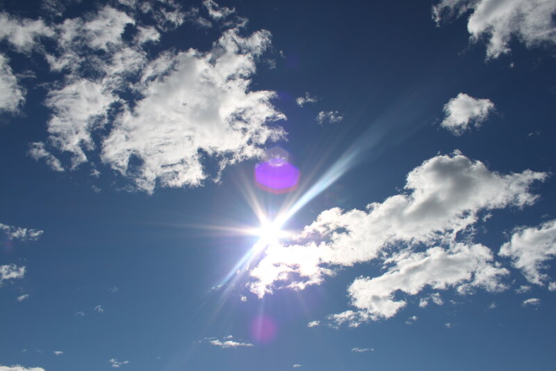 Sun in Blue Sky — Bright, Afternoon, Photograph, Clouds, Sunlight