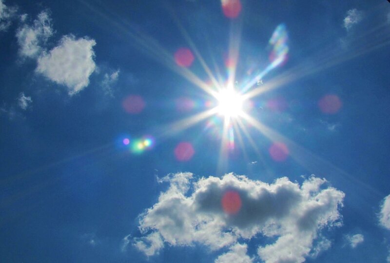 Sun in Blue Sky — Bright, Afternoon, Photograph, Clouds