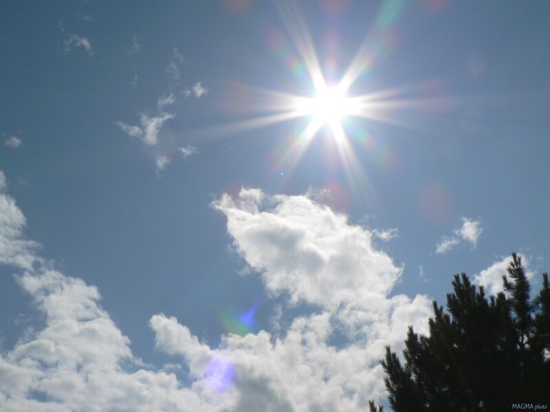 Sun in Blue Sky — Bright, Afternoon, Photograph, Clouds, Trees, White