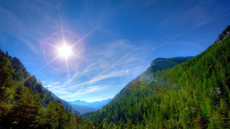 Sun over Forested Mountains — Blue
