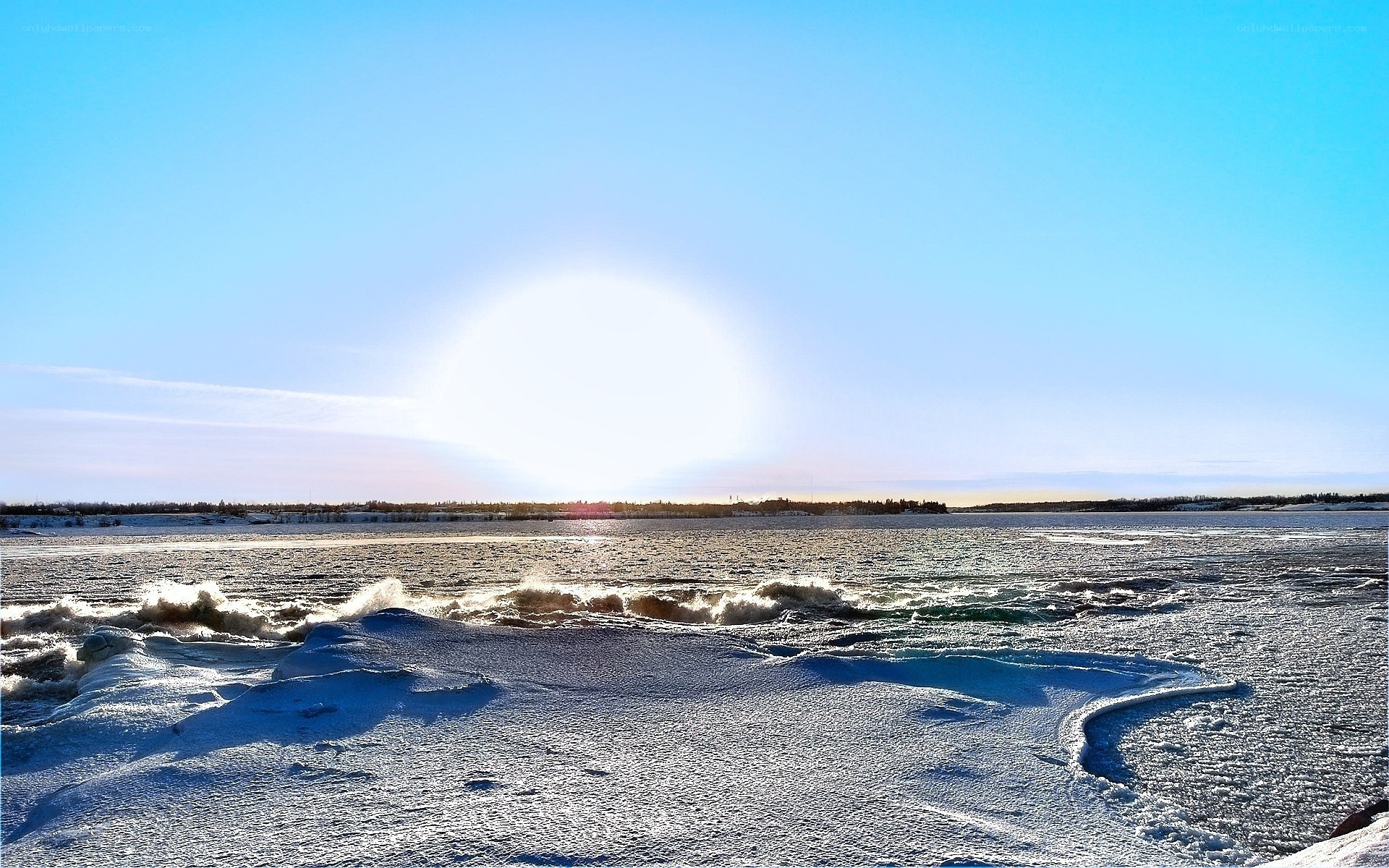 Sun over frozen river