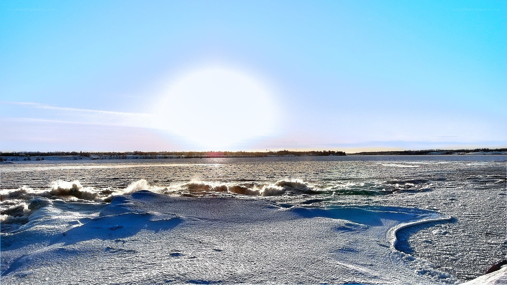 Sun over frozen river