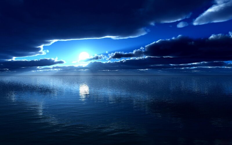 Sun over Ocean — Blue, Dramatic, Night, Digital Art, Clouds