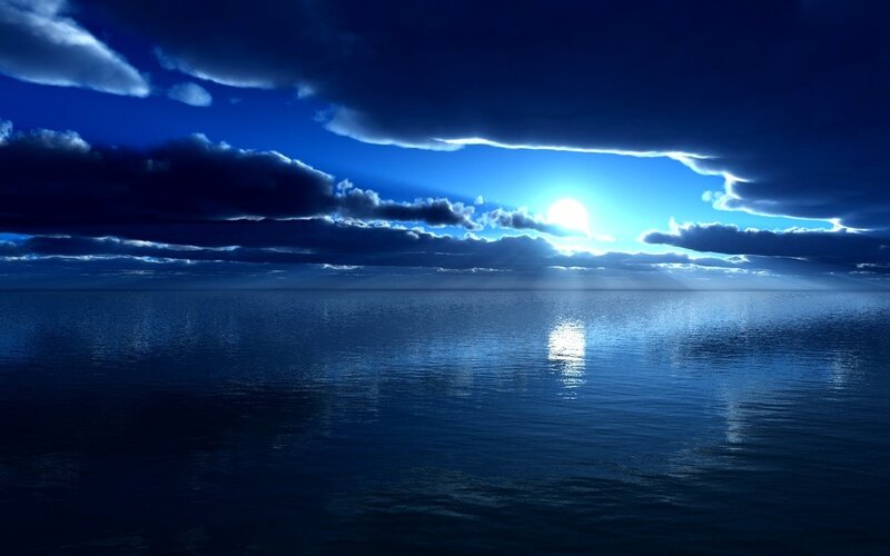 Sun over Ocean — Blue, Dramatic, Night, Digital Art