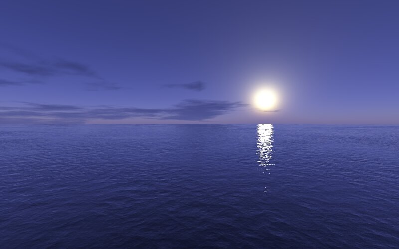 Sun over Ocean — Blue, Serene, Night, 3d Render