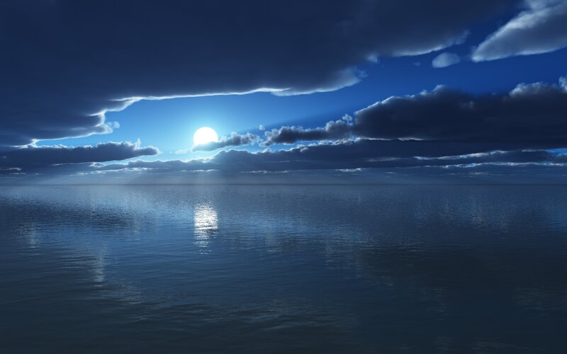 Sun over Ocean — Blue, Serene, Night, Digital Art, Clouds