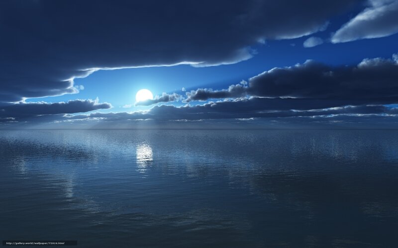 Sun over Ocean — Blue, Serene, Night, Digital Art
