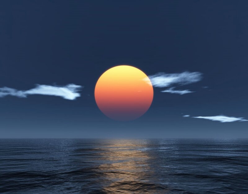 Sun over Ocean — Blue, Serene, Sunset, 3d Render, Clouds