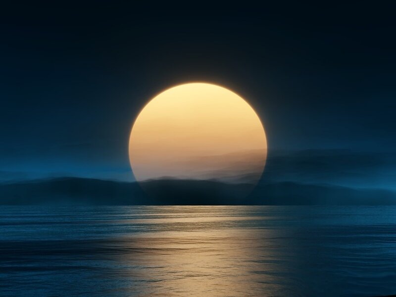 Sun over Ocean — Blue, Serene, Sunset, Digital Art, Sky