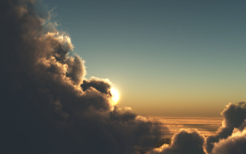 Sun Setting Behind Clouds — Blue, Dramatic, Sunset, 3d Render