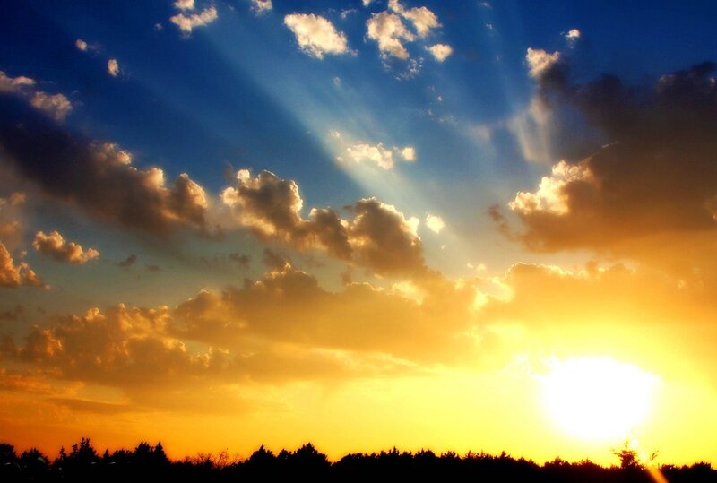 Sun Setting Behind Clouds — Blue, Dramatic, Sunset, Photograph