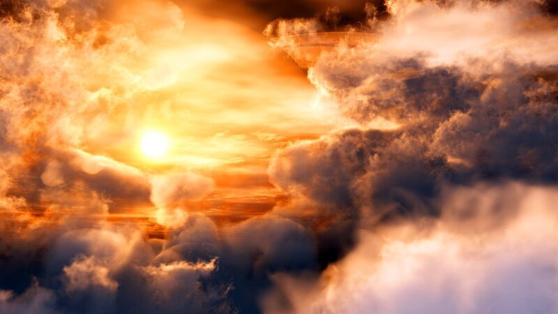 Sun Setting Behind Clouds — Orange, Dramatic, Sunset, Digital Art, Sky