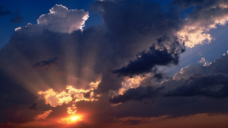 Sun Setting Behind Clouds — Orange, Dramatic, Sunset, Photograph, Sky, Blue, Gray