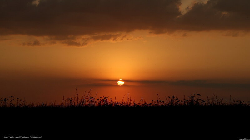 Sun Setting Behind Clouds — Orange, Dramatic, Sunset, Photograph, Sky, Grass