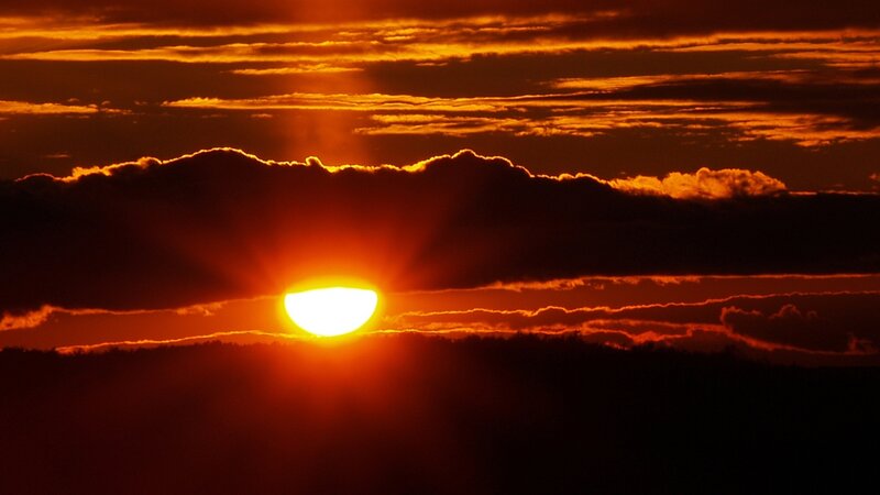 Sun Setting Behind Clouds — Orange, Dramatic, Sunset, Photograph, Sky, Horizon