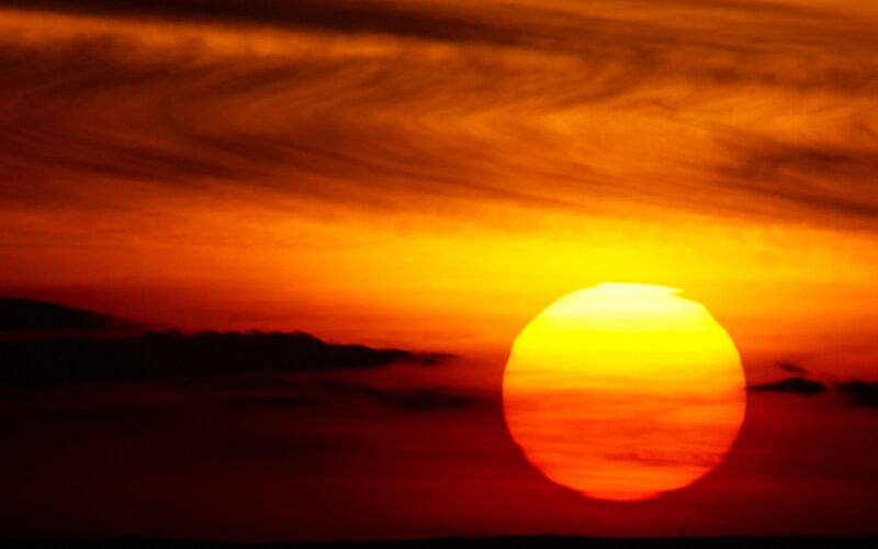 Sun Setting Behind Clouds — Orange, Dramatic, Sunset, Photograph, Sky, Yellow, Red