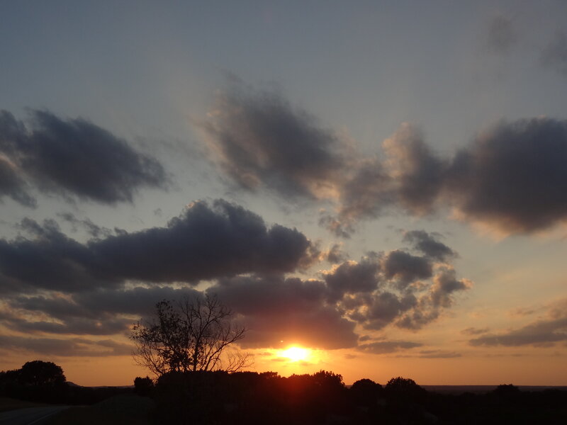 Sun Setting Behind Clouds — Orange, Dramatic, Sunset, Photograph, Tree, Horizon