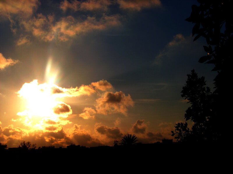 Sun Setting Behind Clouds — Orange, Dramatic, Sunset, Photograph, Trees, Buildings