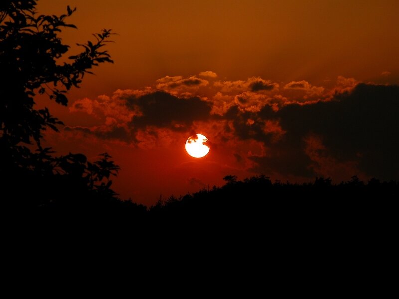 Sun Setting Behind Clouds — Orange, Dramatic, Sunset, Photograph, Trees, Sky, Red