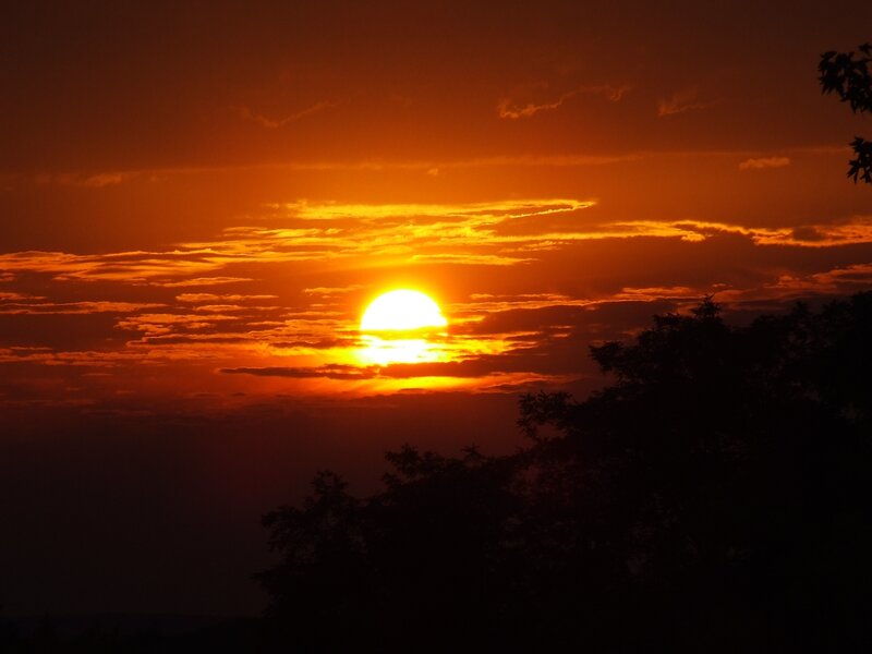 Sun Setting Behind Clouds — Orange, Dramatic, Sunset, Photograph, Trees, Yellow, Black