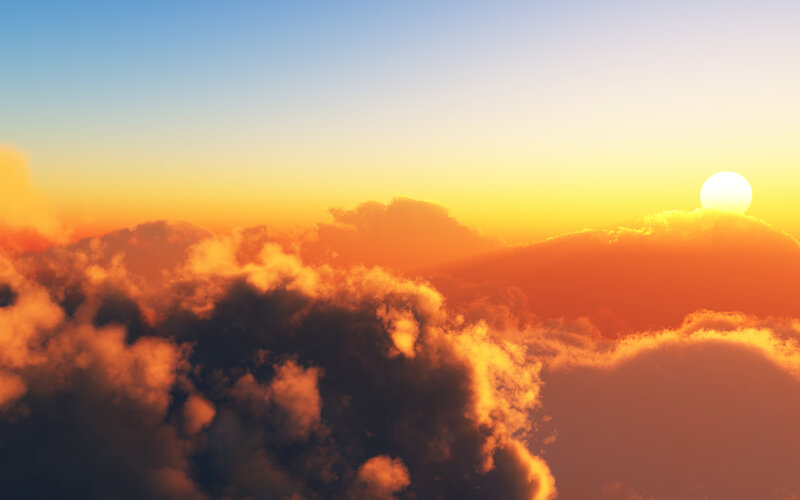 Sun Setting Behind Clouds — Orange, Serene, Sunset, Digital Art