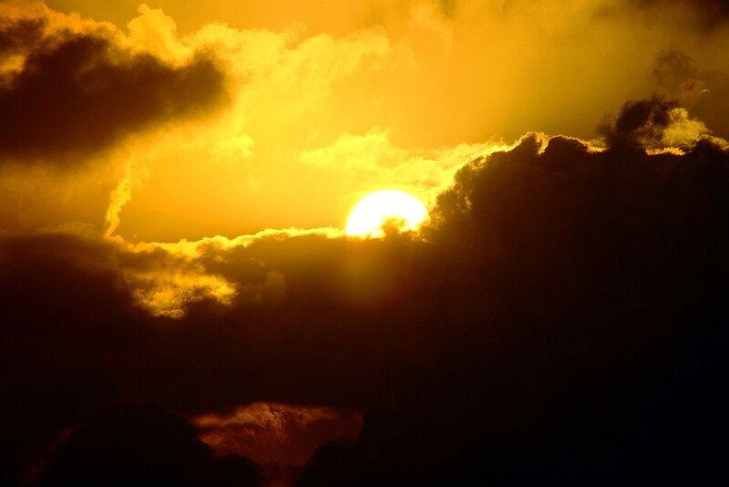 Sun Setting Behind Clouds — Yellow, Dramatic, Sunset, Photograph, Orange, Black