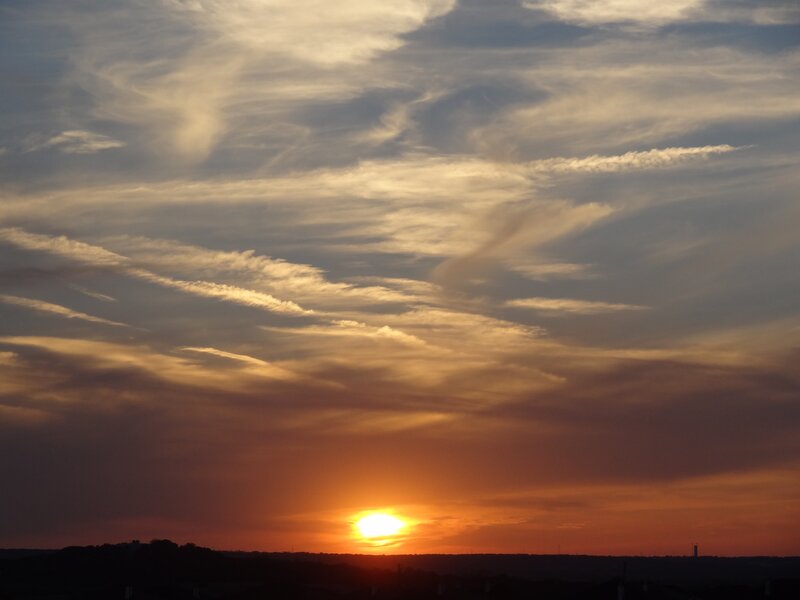 Sun Setting Behind Hills — Orange, Serene, Sunset, Photograph, Clouds, Horizon