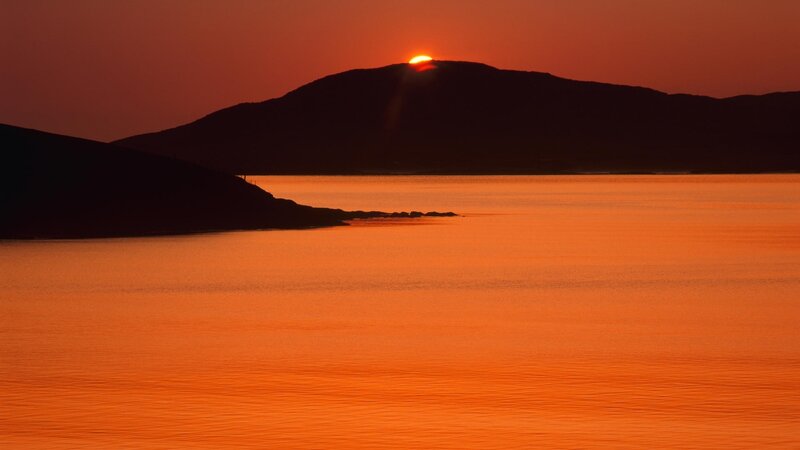 Sun Setting Behind Hills — Orange, Serene, Sunset, Photograph, Water
