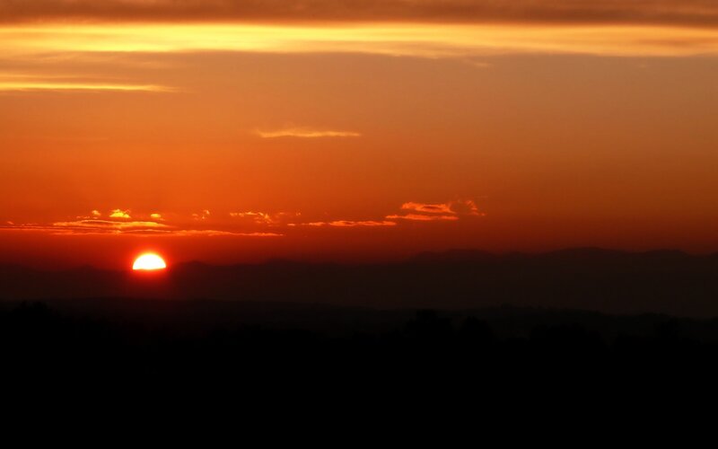 Sun Setting Behind Mountains — Orange, Dramatic, Sunset, Photograph, Sky