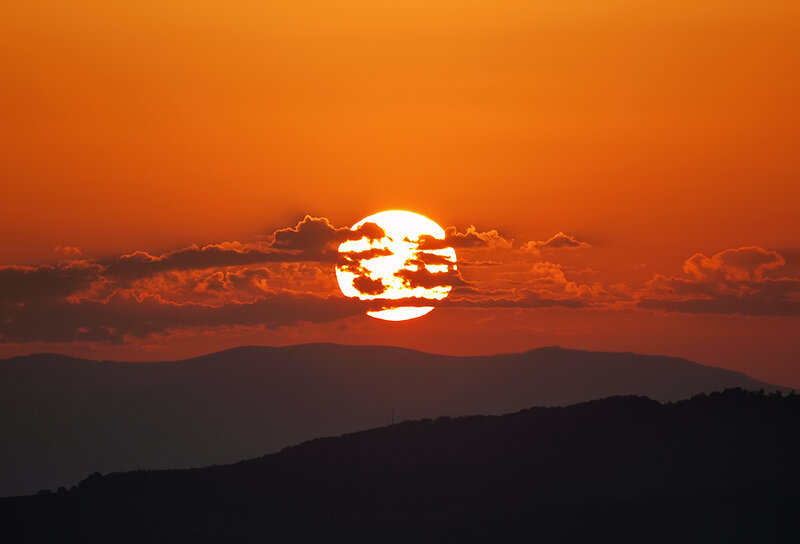 Sun Setting Behind Mountains — Orange, Dramatic, Sunset, Photograph