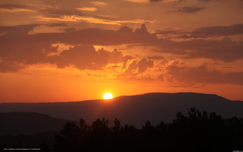 Sun Setting Behind Mountains — Orange, Dramatic, Sunset, Photograph, Trees, Clouds