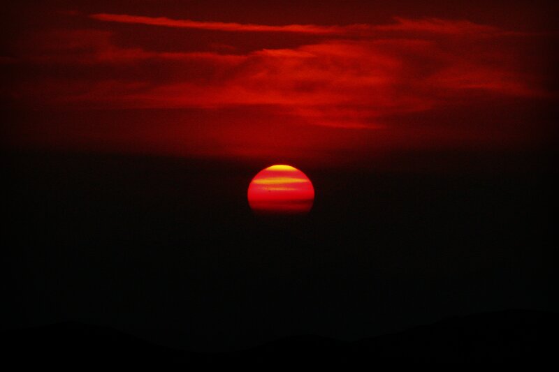 Sun Setting Behind Mountains — Red, Dramatic, Sunset, Photograph
