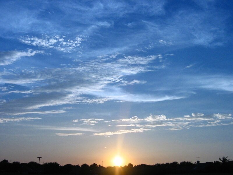 Sun Setting Behind Trees — Blue, Serene, Sunset, Photograph, Clouds, Yellow