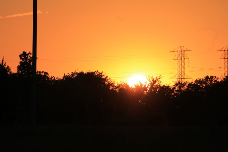 Sun Setting Behind Trees — Orange, Serene, Sunset, Photograph, Power Lines, Solar Tower