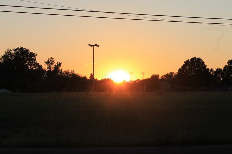 Sun Setting Behind Trees — Orange, Serene, Sunset, Photograph, Street Light