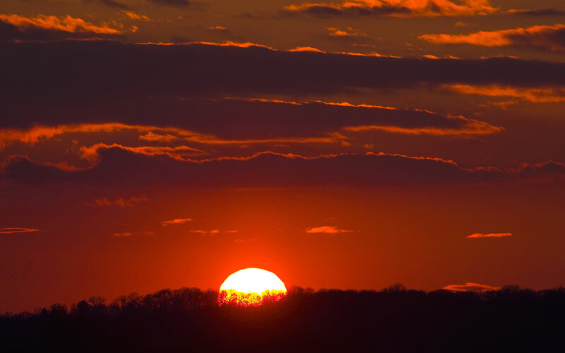 Sun Setting Behind Trees — Red, Dramatic, Sunset, Photograph, Clouds, Orange