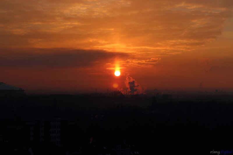 Sun Setting over City — Orange, Dramatic, Sunset, Photograph, Sky