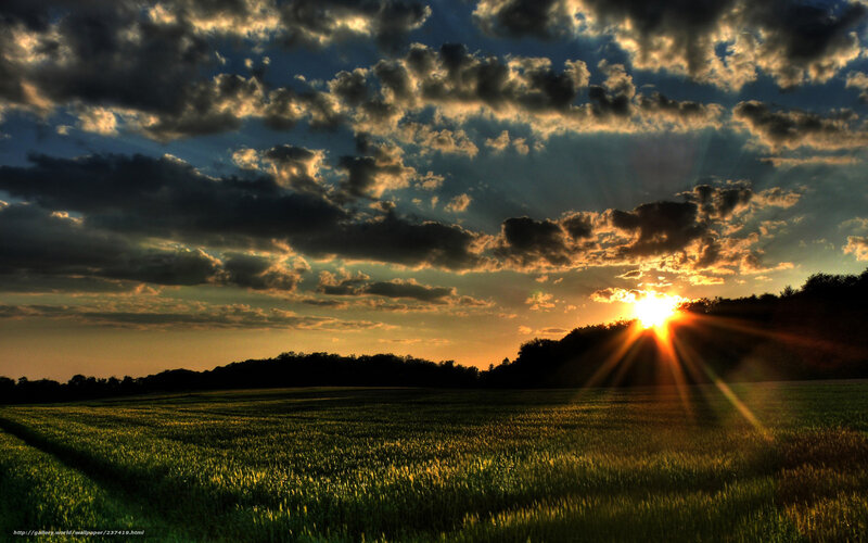 Sun Setting over Field — Green, Dramatic, Sunset, Photograph, Clouds