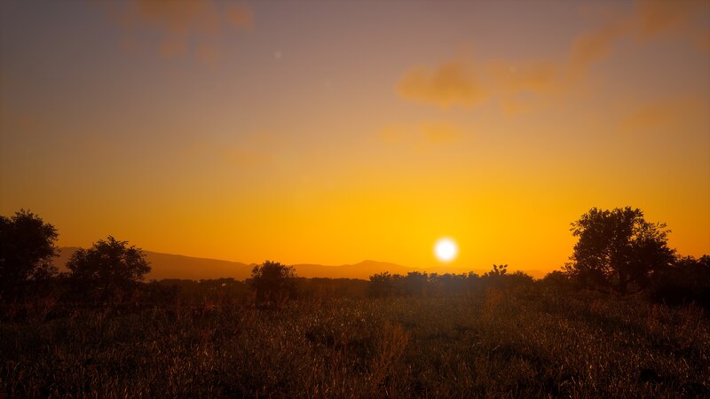 Sun Setting over Field — Orange, Serene, Sunset, 3d Render
