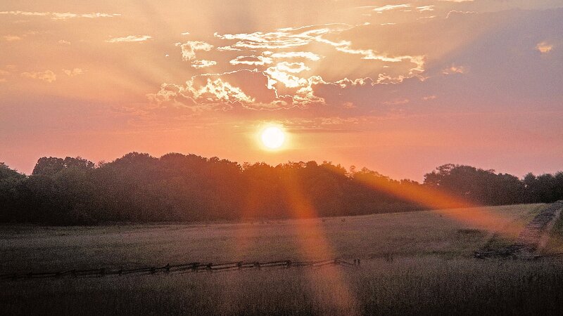 Sun Setting over Field — Orange, Serene, Sunset, Photograph, Trees