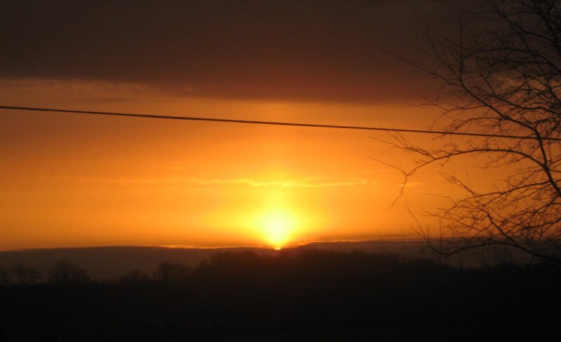 Sun Setting over Hills — Orange, Dramatic, Sunset, Photograph, Trees, Power Line