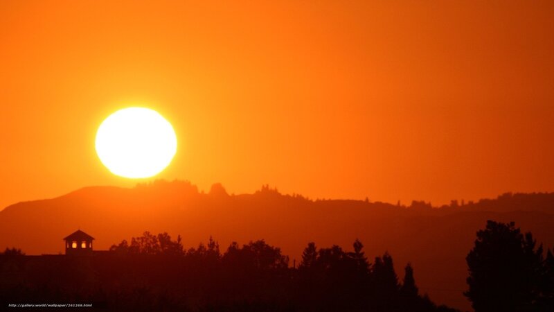 Sun Setting over Hills — Orange, Dramatic, Sunset, Photograph, Trees