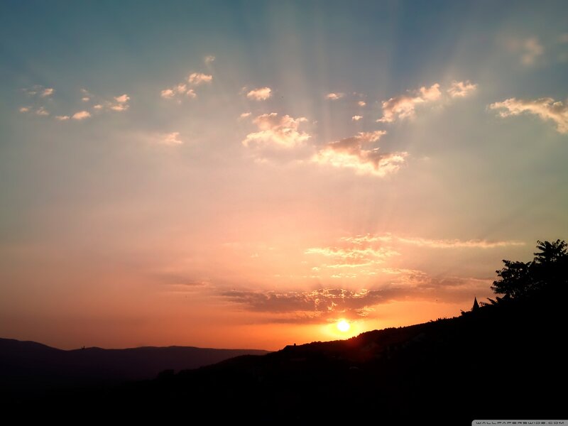 Sun Setting over Hills — Orange, Serene, Sunset, Photograph, Clouds